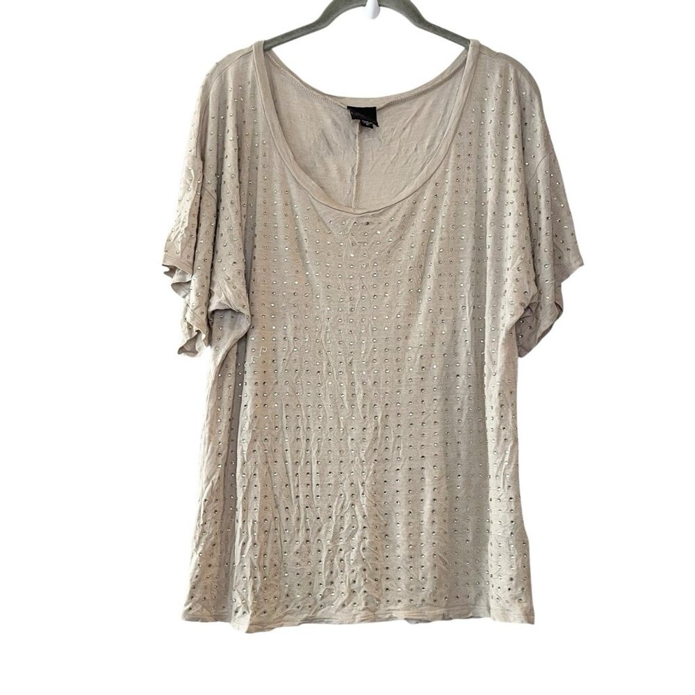 Bebe 2b‎ Y2K Embellished Rhinestone Bling Beige Stretch T-Shirt Top Size M